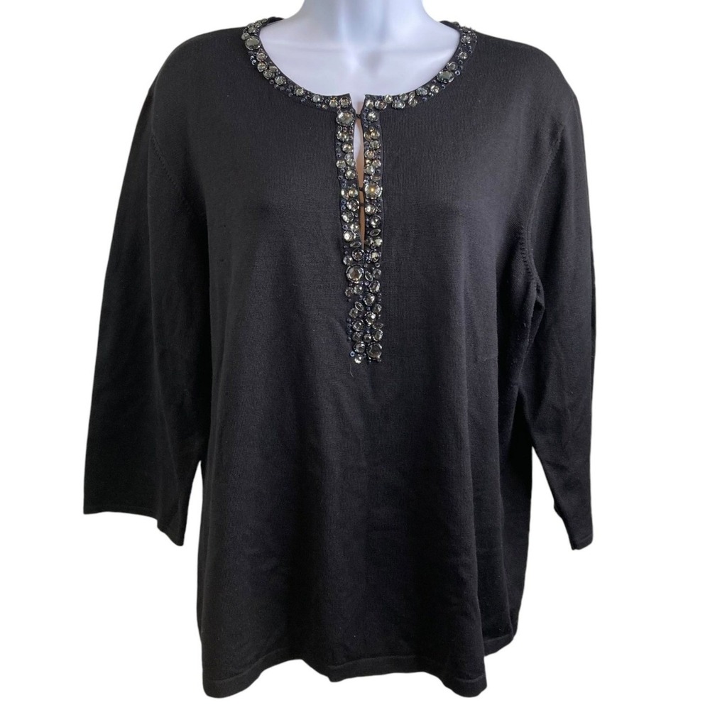 TALBOTS Woman Black Silk Blend Beaded Top XL Elegant Embellished Glam Cocktail